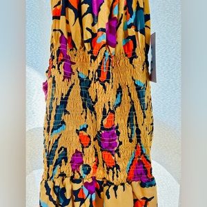 new haute hippie top medium colorful sleeveless smocked bold art peplum yellow